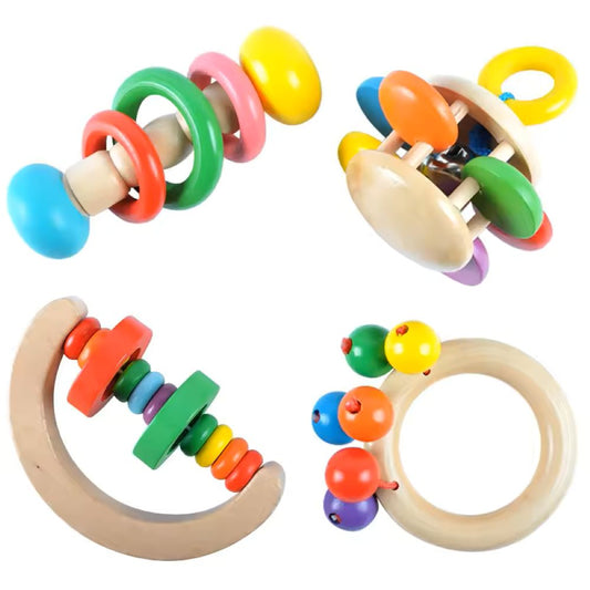 Tinkerbuds 4-in-1 Wooden Baby Rattle Set | Gentle Sound & Sensory Exploration Toys