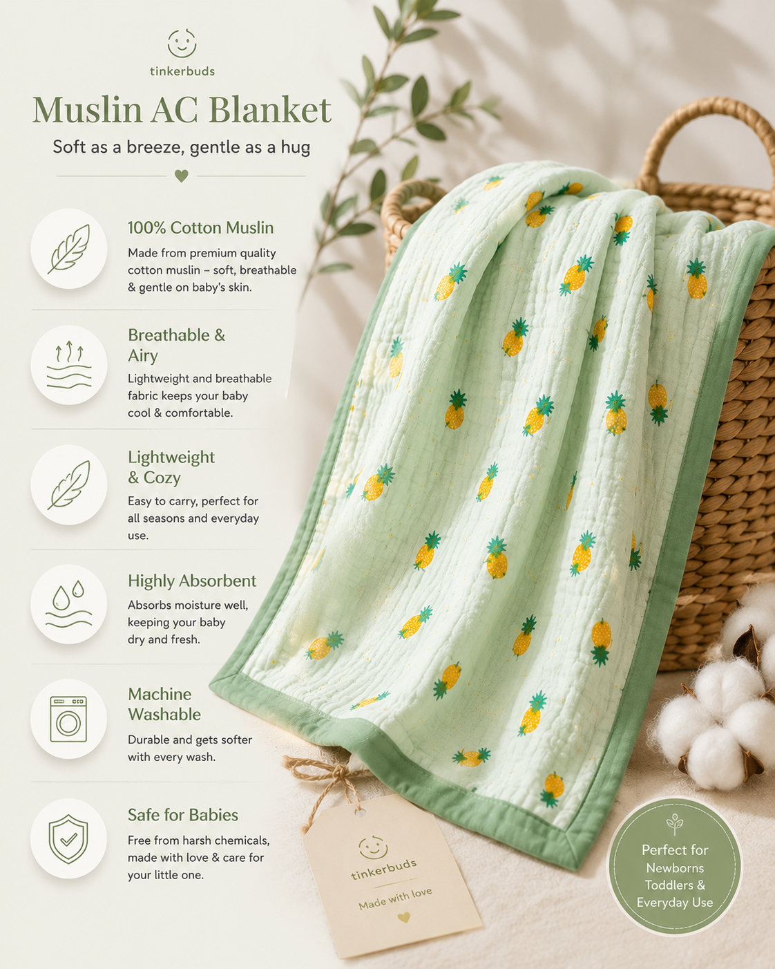 100% Cotton Green Fruit Muslin Baby Blanket for Newborns | Soft & Breathable