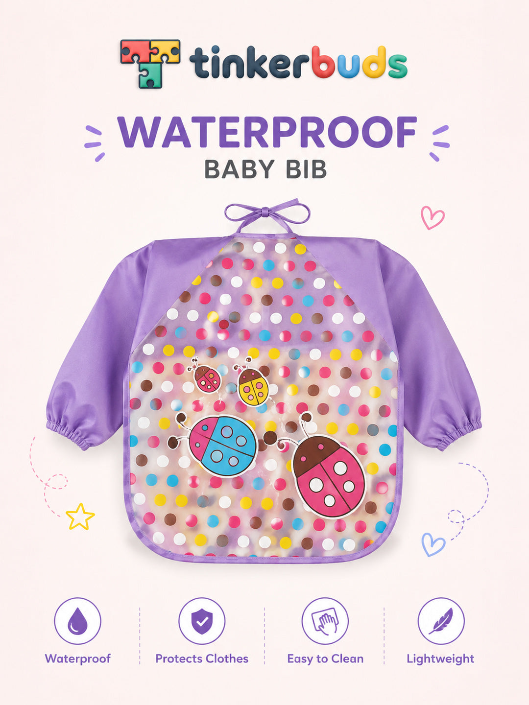 Tinkerbuds Kids Purple Waterproof Bib with Sleeves (0-4 years)