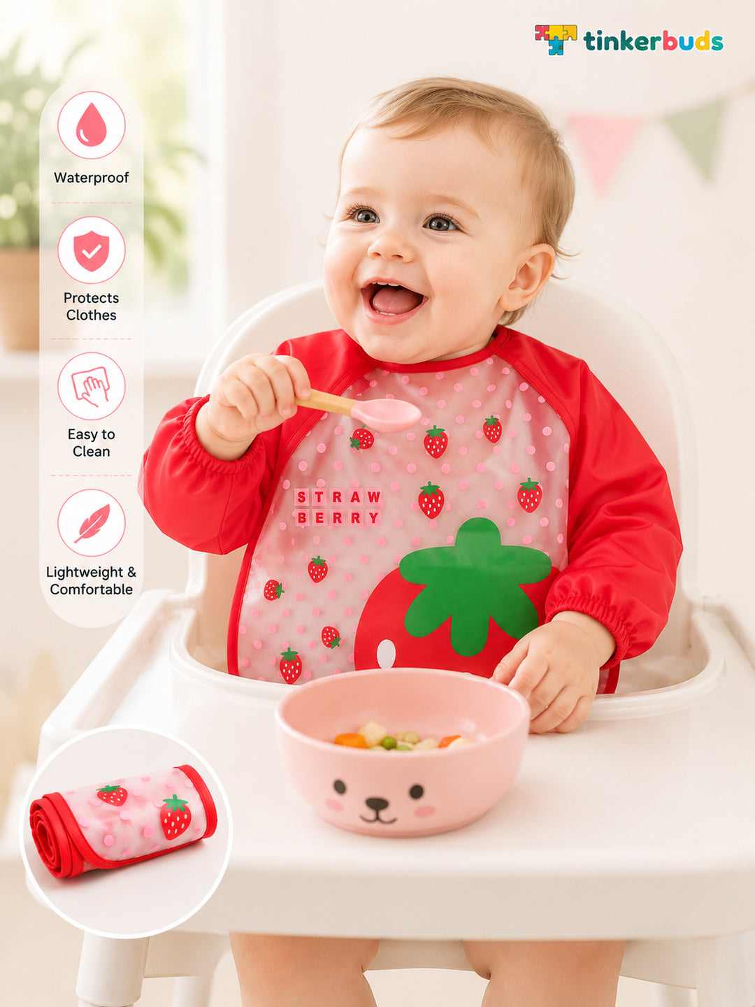 Tinkerbuds Kids Red Waterproof Bib with Sleeves (0-4 years)