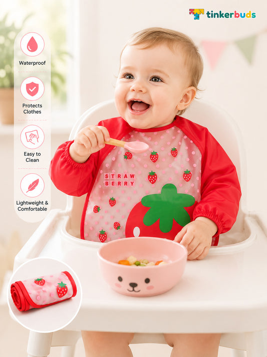 Tinkerbuds Kids Red Waterproof Bib with Sleeves (0-4 years)