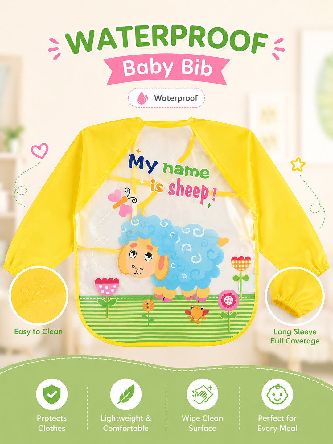 Tinkerbuds Kids Yellow Waterproof Bib with Sleeves (0-4 years)