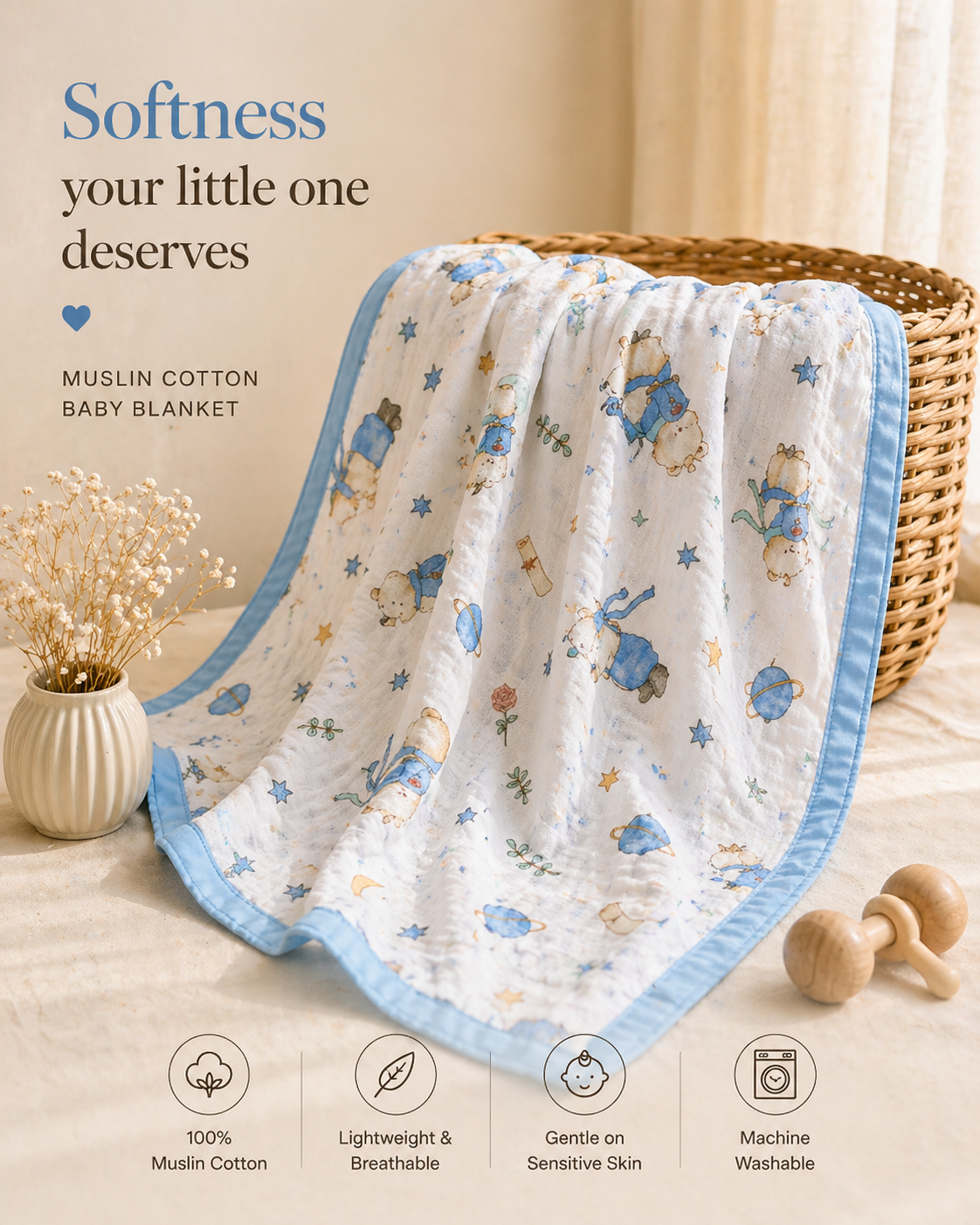 100% Cotton Blue Muslin Baby Blanket for Newborns | Soft & Breathable