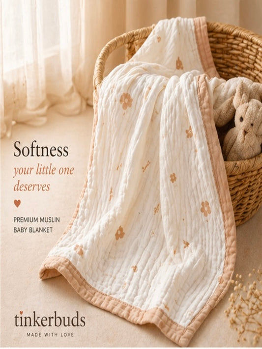 100% Cotton Beige Muslin Baby Blanket for Newborns | Soft & Breathable