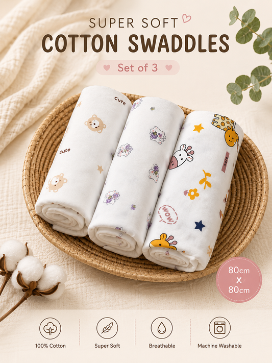Tinkerbuds Set of 3 Cotton Hosiery Baby Swaddle Wraps | Soft & Stretchable Newborn Swaddles