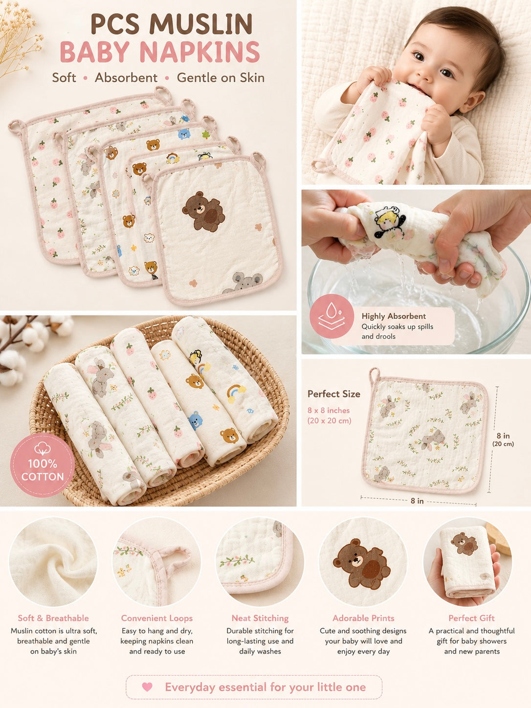 Tinkerbuds Set of 5 Muslin Cotton Napkins for New Borns