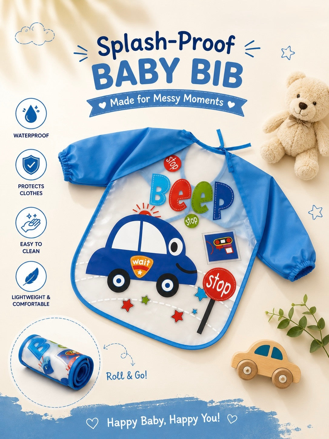 Tinkerbuds Kids Blue Waterproof Bib with Sleeves (0-4 years)