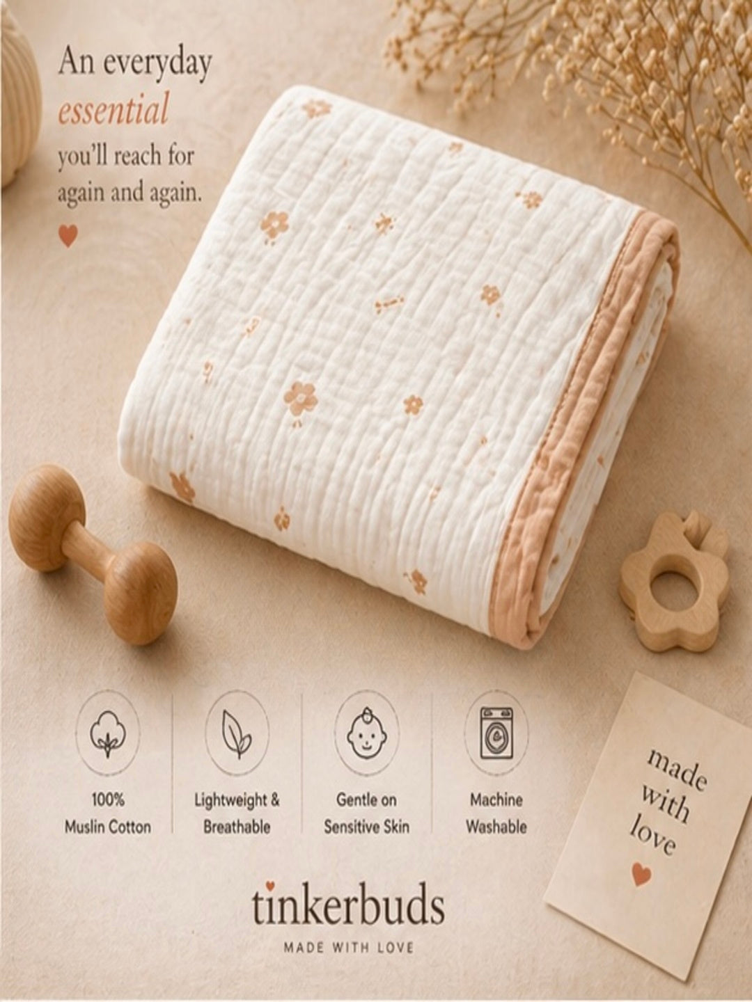 100% Cotton Beige Muslin Baby Blanket for Newborns | Soft & Breathable