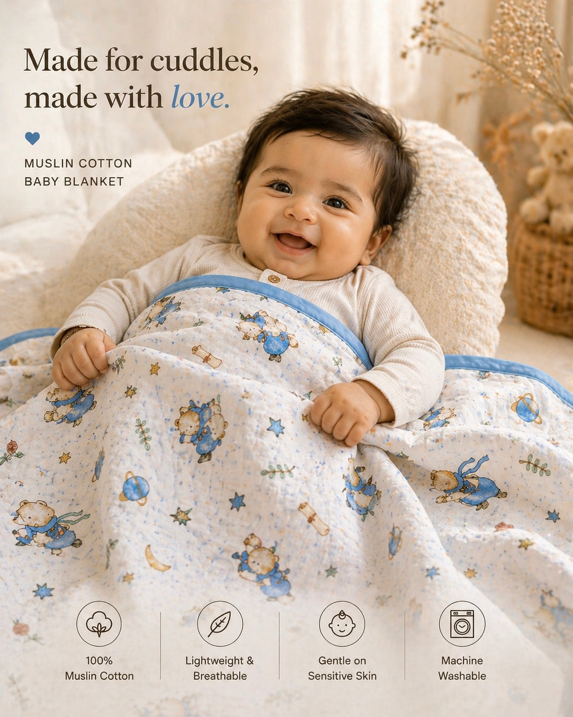 100% Cotton Blue Muslin Baby Blanket for Newborns | Soft & Breathable