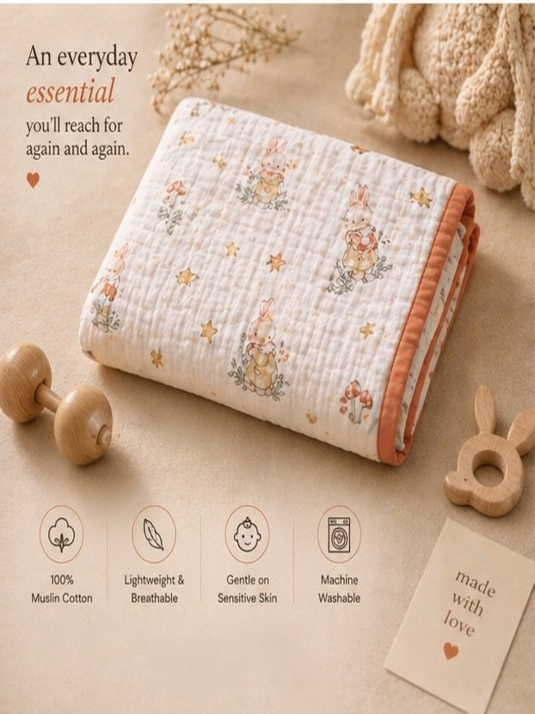 100% Cotton Orange Muslin Baby Blanket for Newborns | Soft & Breathable