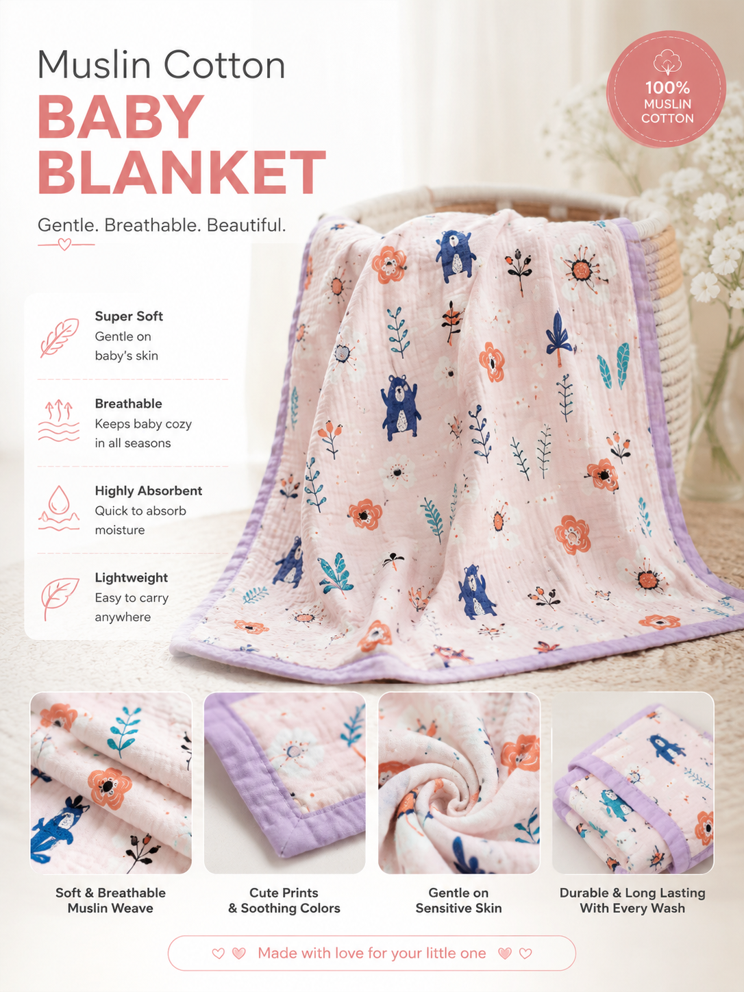100% Cotton Purple Muslin Baby Blanket for Newborns | Soft & Breathable
