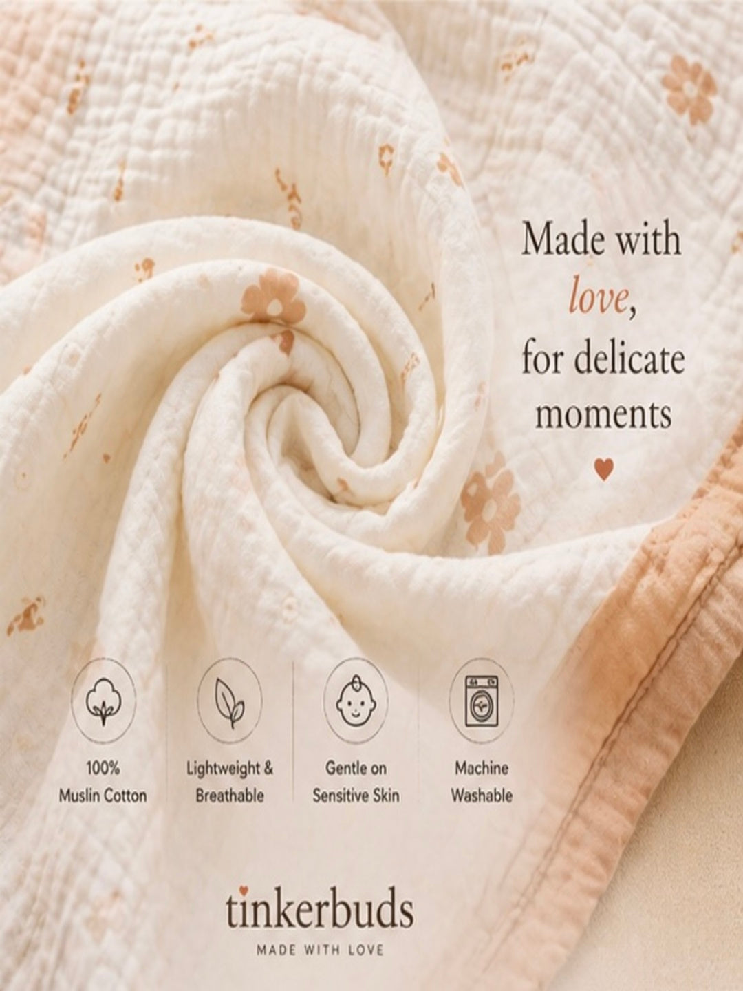 100% Cotton Beige Muslin Baby Blanket for Newborns | Soft & Breathable