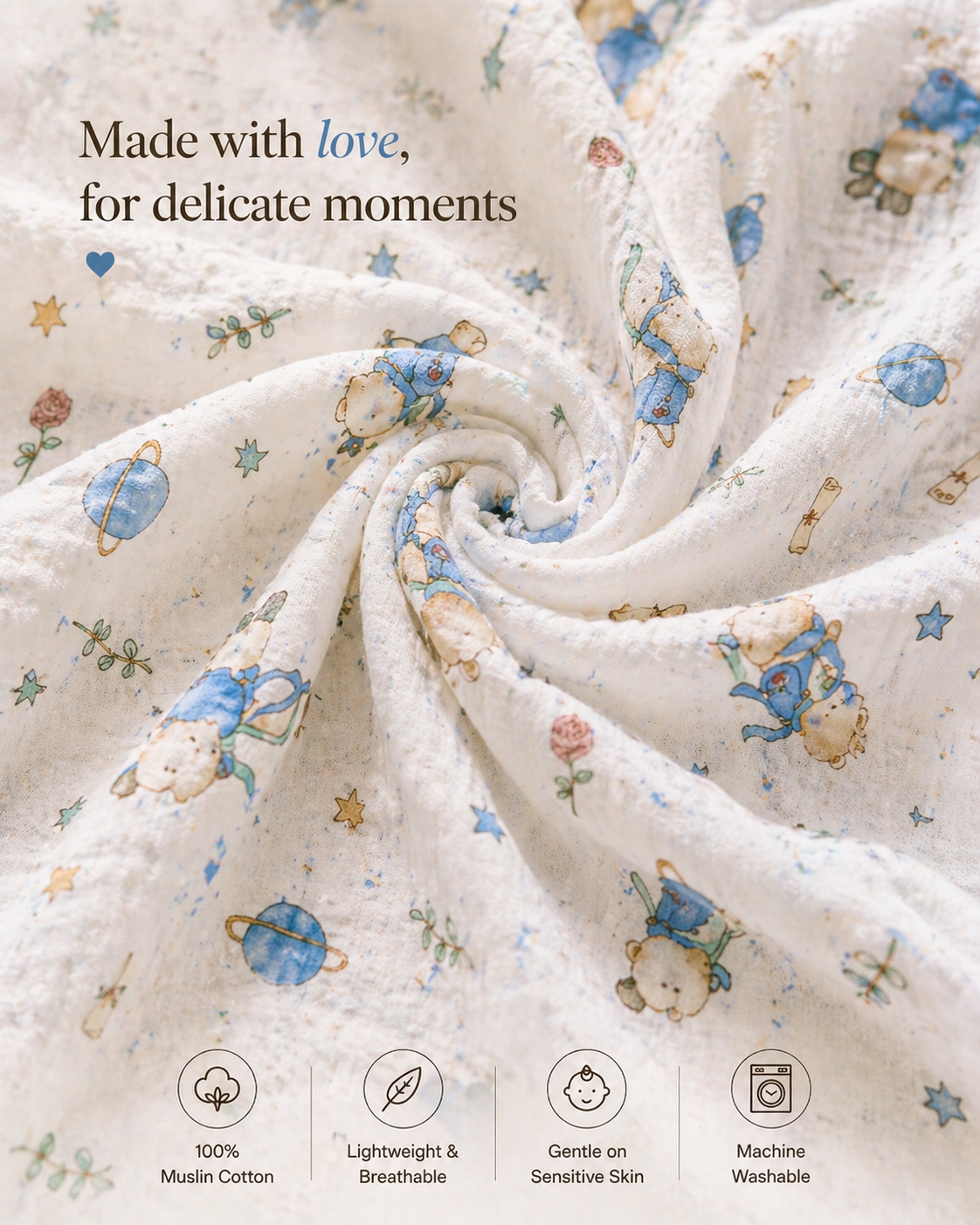 100% Cotton Blue Muslin Baby Blanket for Newborns | Soft & Breathable