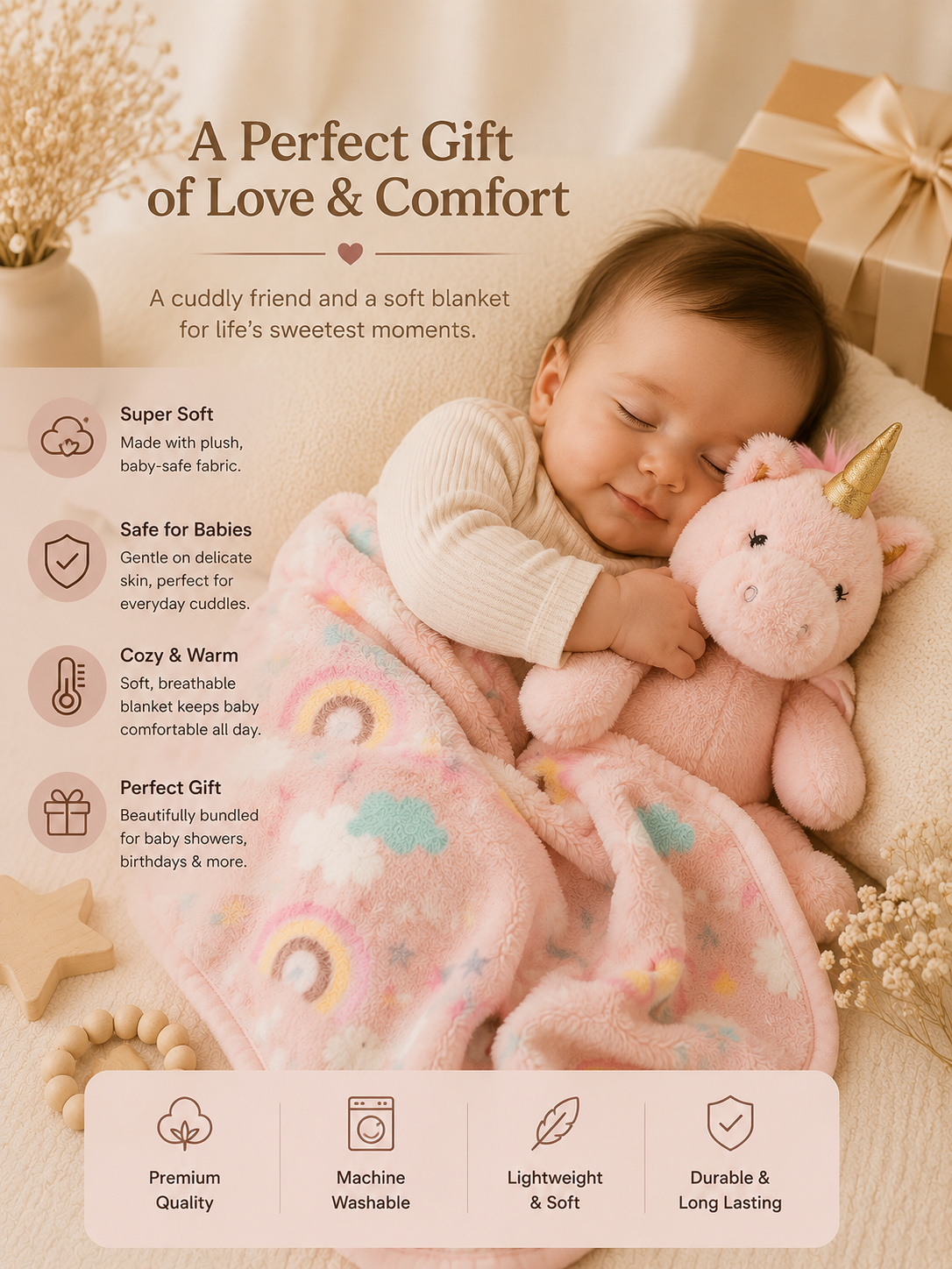 Tinkerbuds Unicorn Cuddle Toy with Soft Baby Blanket