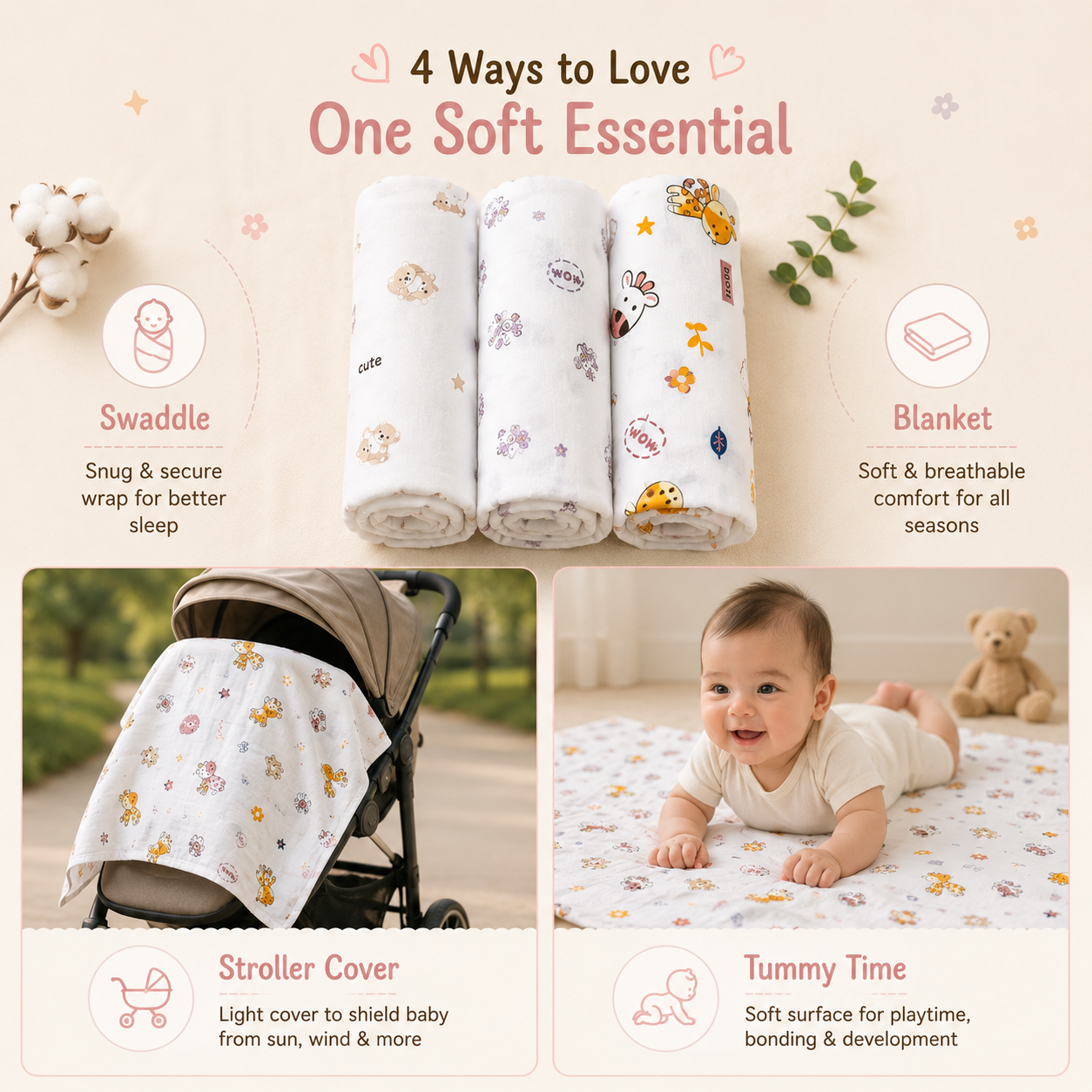 Tinkerbuds Set of 3 Cotton Hosiery Baby Swaddle Wraps | Soft & Stretchable Newborn Swaddles