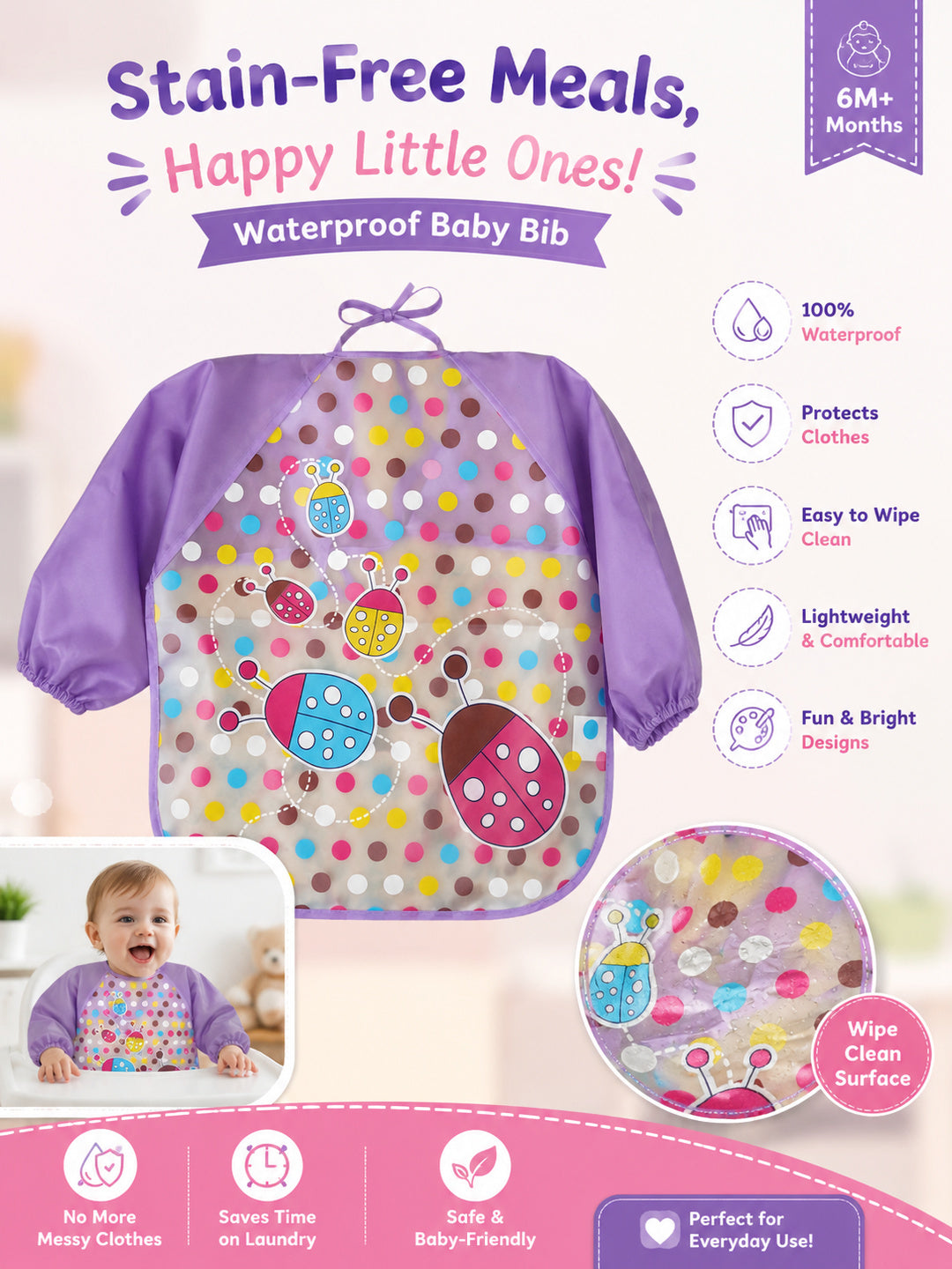 Tinkerbuds Kids Purple Waterproof Bib with Sleeves (0-4 years)