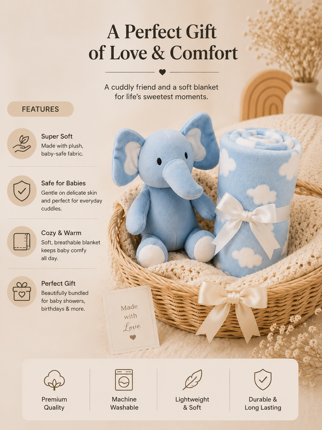Tinkerbuds Elephant Cuddle Toy with Soft Baby Blanket