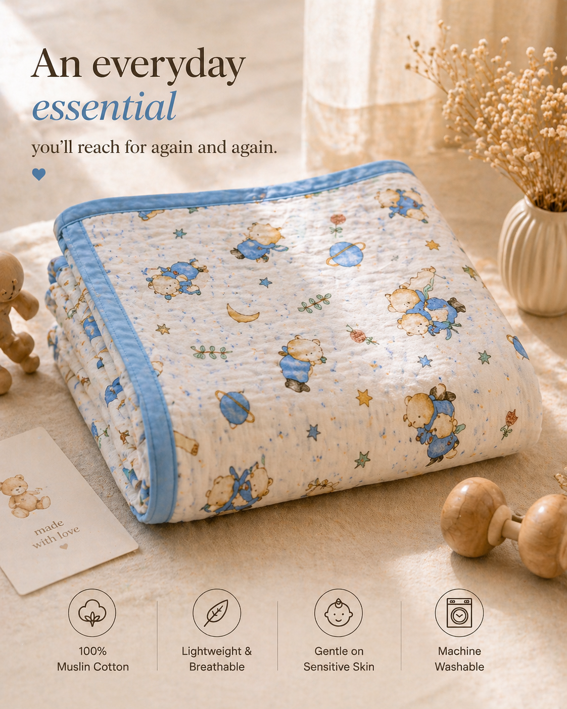 100% Cotton Blue Muslin Baby Blanket for Newborns | Soft & Breathable