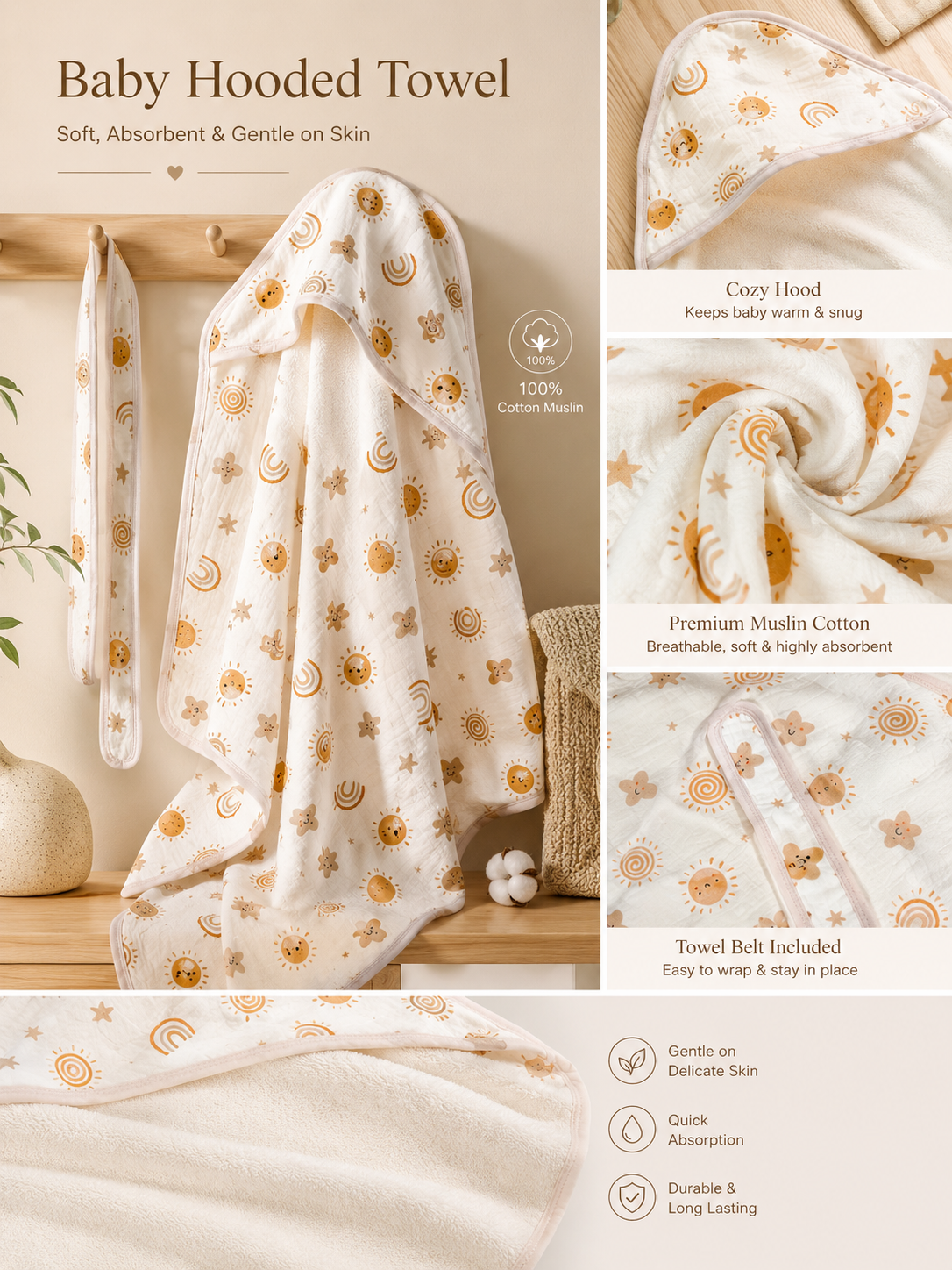 Tinkerbuds 100% Cotton Muslin Hooded Towel for Newborns & Kids