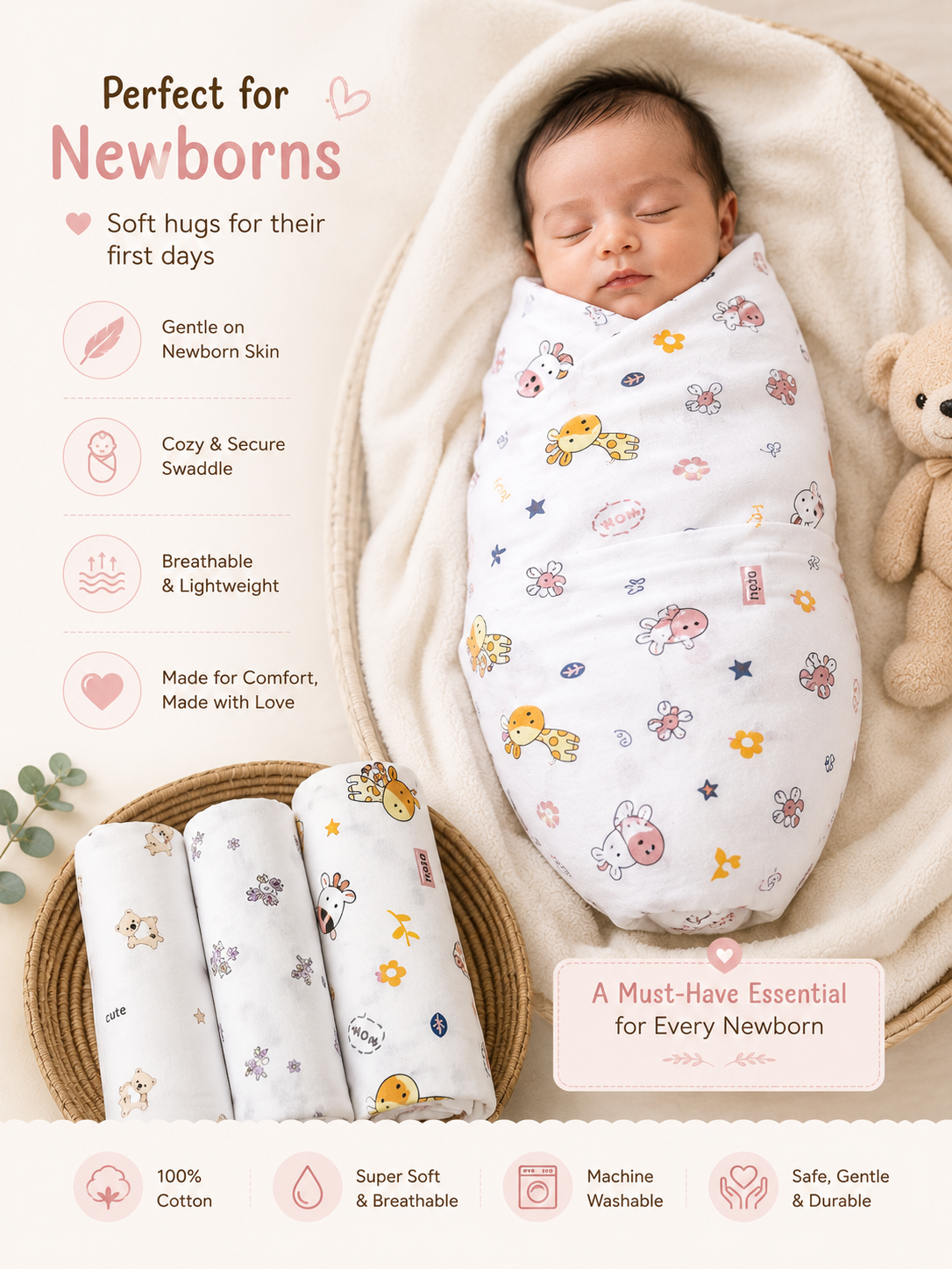 Tinkerbuds Set of 3 Cotton Hosiery Baby Swaddle Wraps | Soft & Stretchable Newborn Swaddles