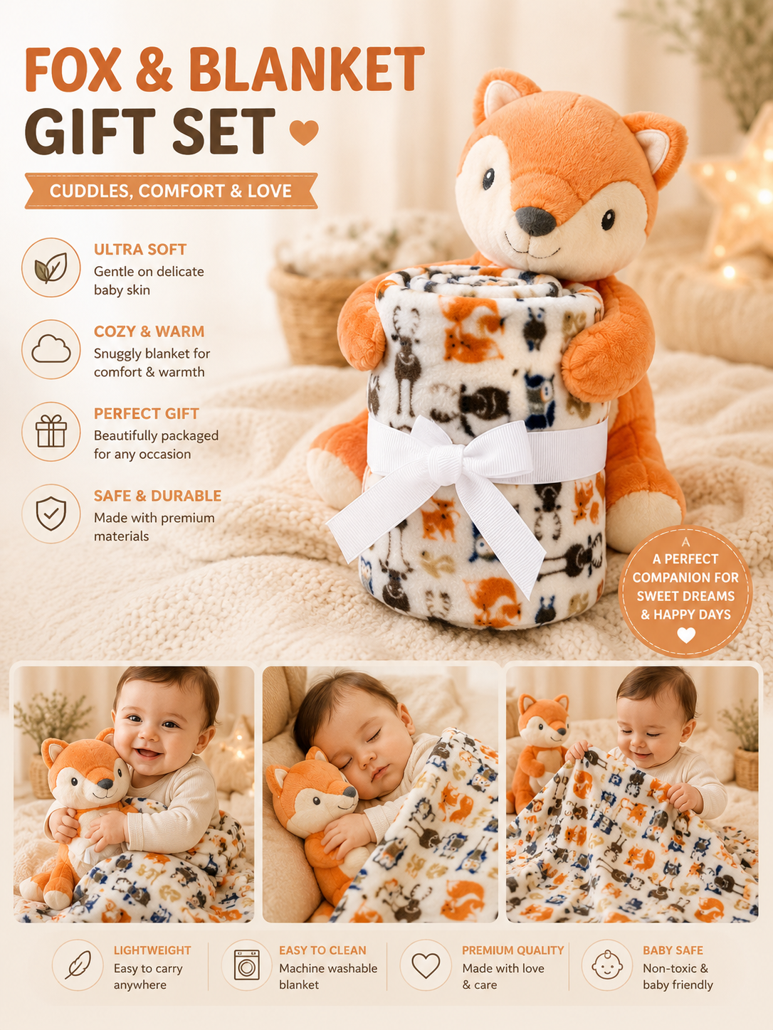 Tinkerbuds Fox Cuddle Toy with Soft Baby Blanket