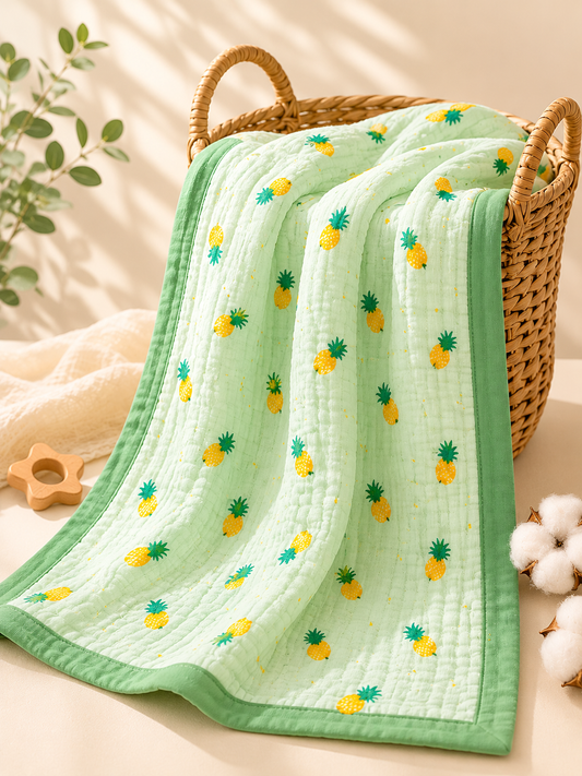 100% Cotton Green Fruit Muslin Baby Blanket for Newborns | Soft & Breathable