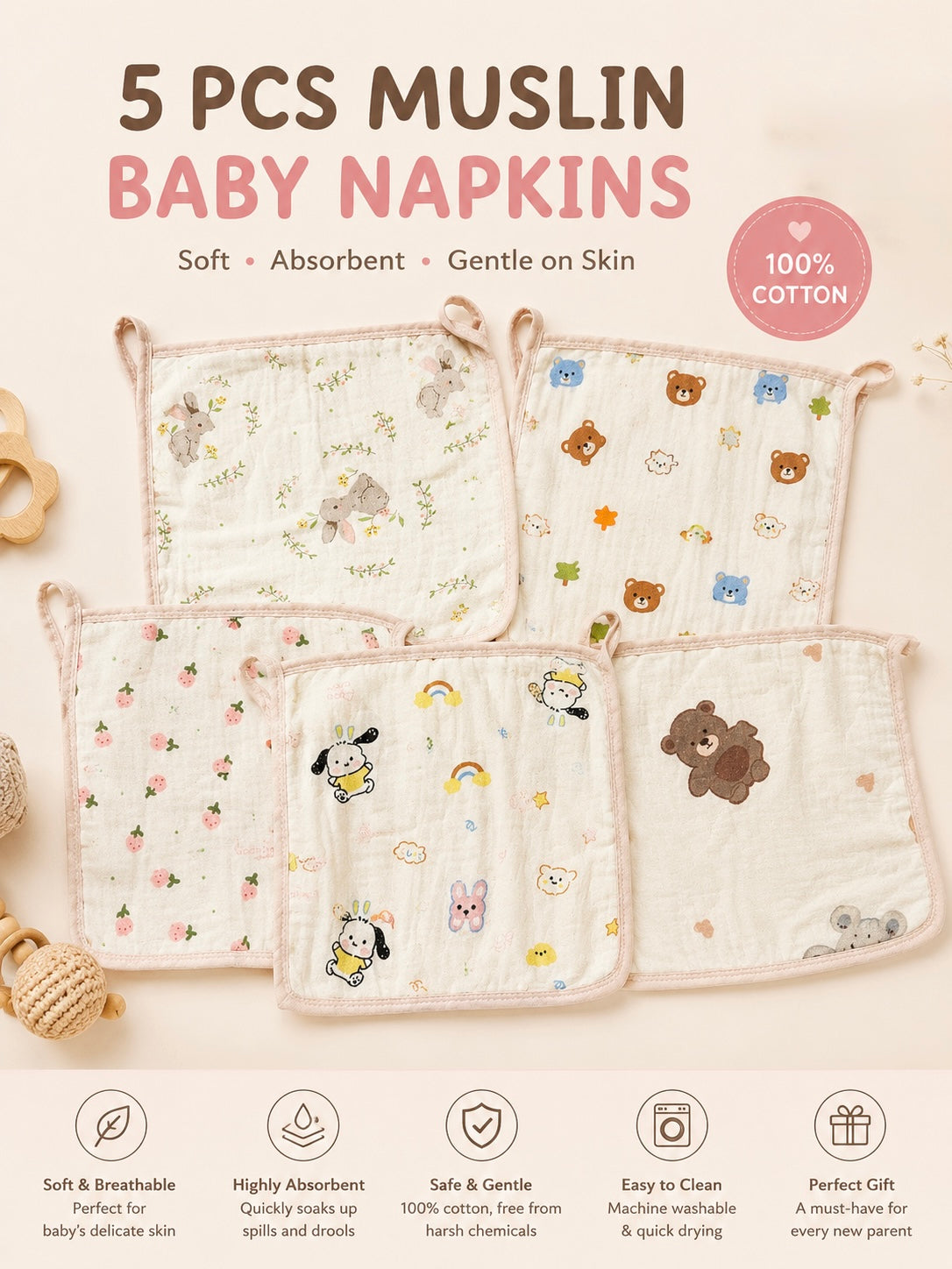 Tinkerbuds Set of 5 Muslin Cotton Napkins for New Borns