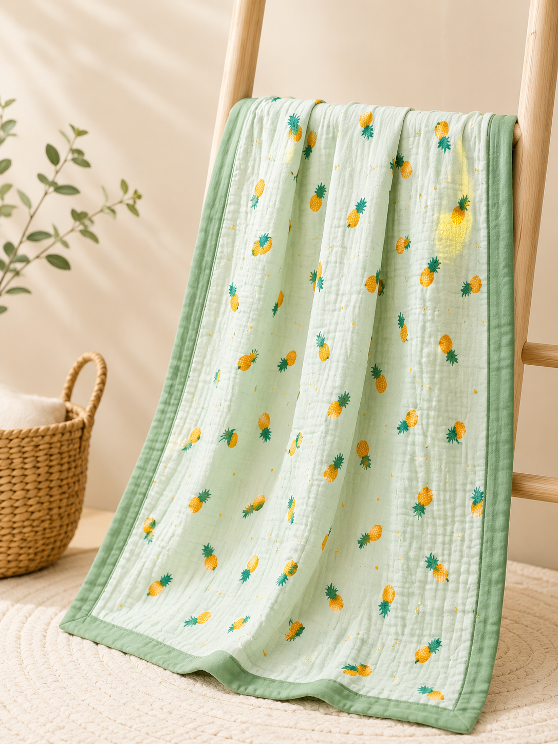 100% Cotton Green Fruit Muslin Baby Blanket for Newborns | Soft & Breathable