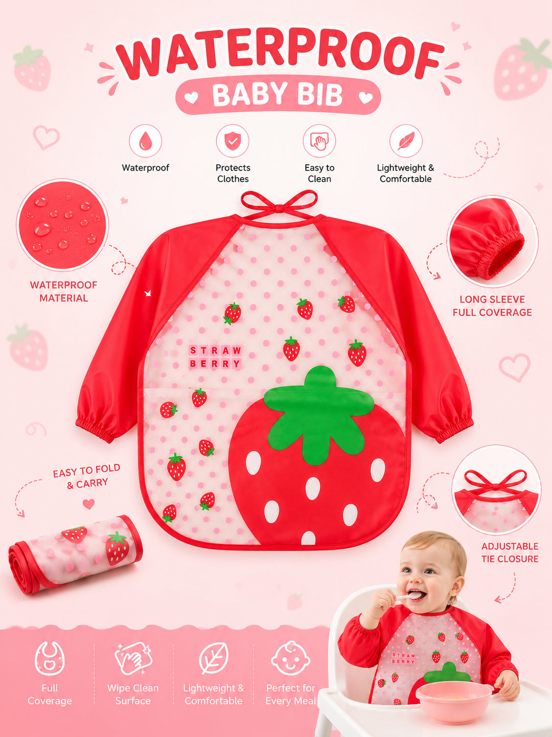 Tinkerbuds Kids Red Waterproof Bib with Sleeves (0-4 years)