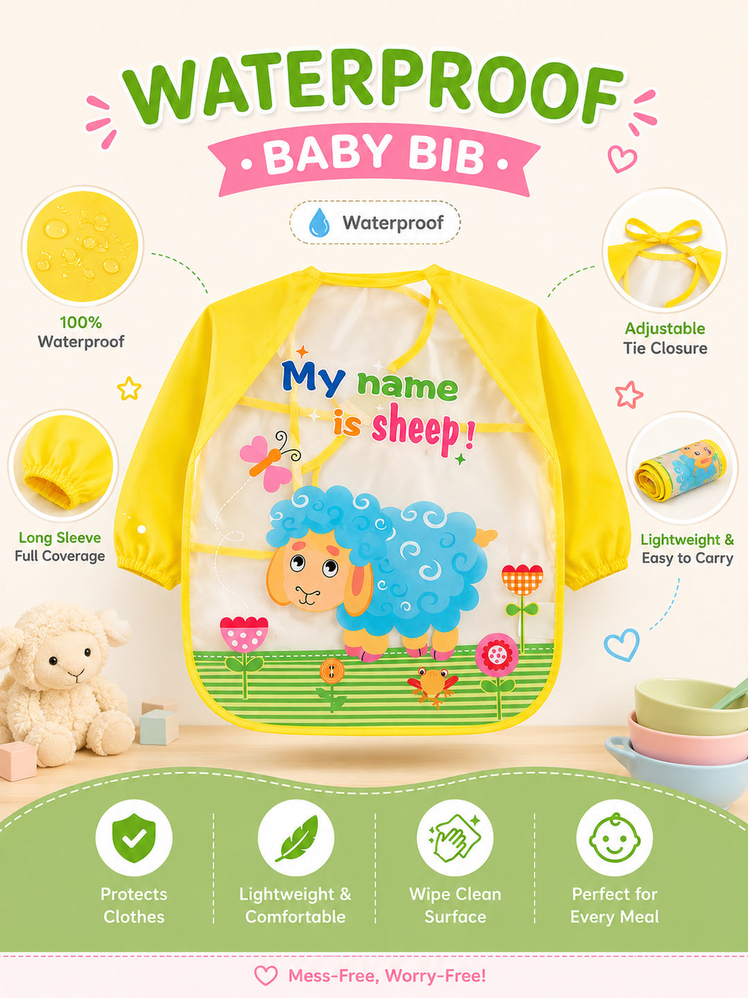 Tinkerbuds Kids Yellow Waterproof Bib with Sleeves (0-4 years)