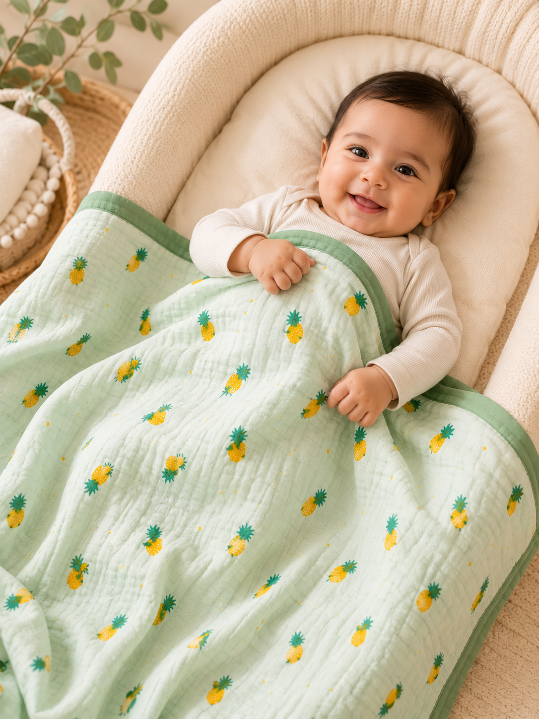 100% Cotton Green Fruit Muslin Baby Blanket for Newborns | Soft & Breathable