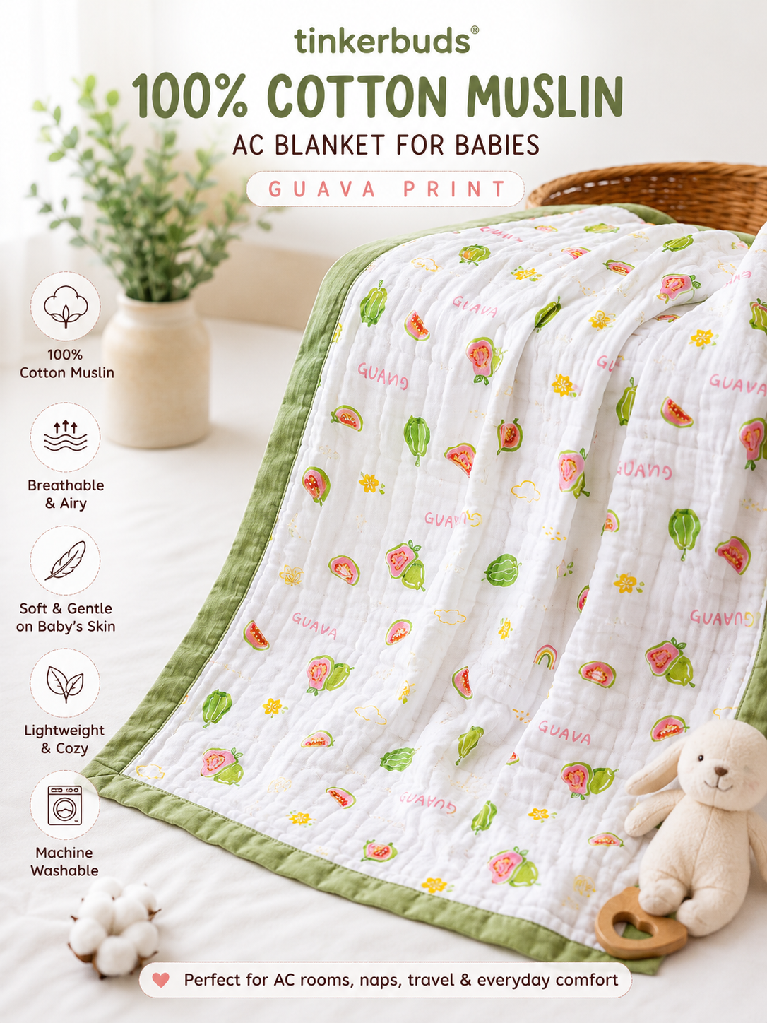 100% Cotton Green Muslin Baby Blanket for Newborns | Soft & Breathable