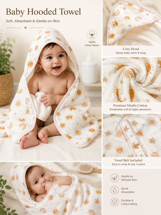 Tinkerbuds 100% Cotton Muslin Hooded Towel for Newborns & Kids