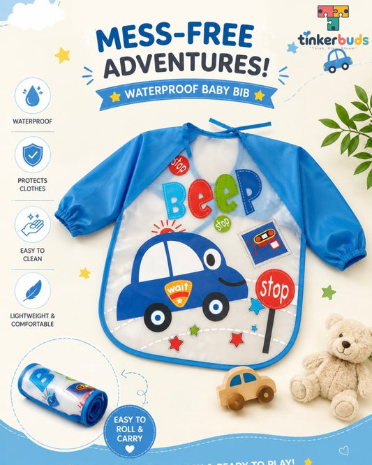 Tinkerbuds Kids Blue Waterproof Bib with Sleeves (0-4 years)