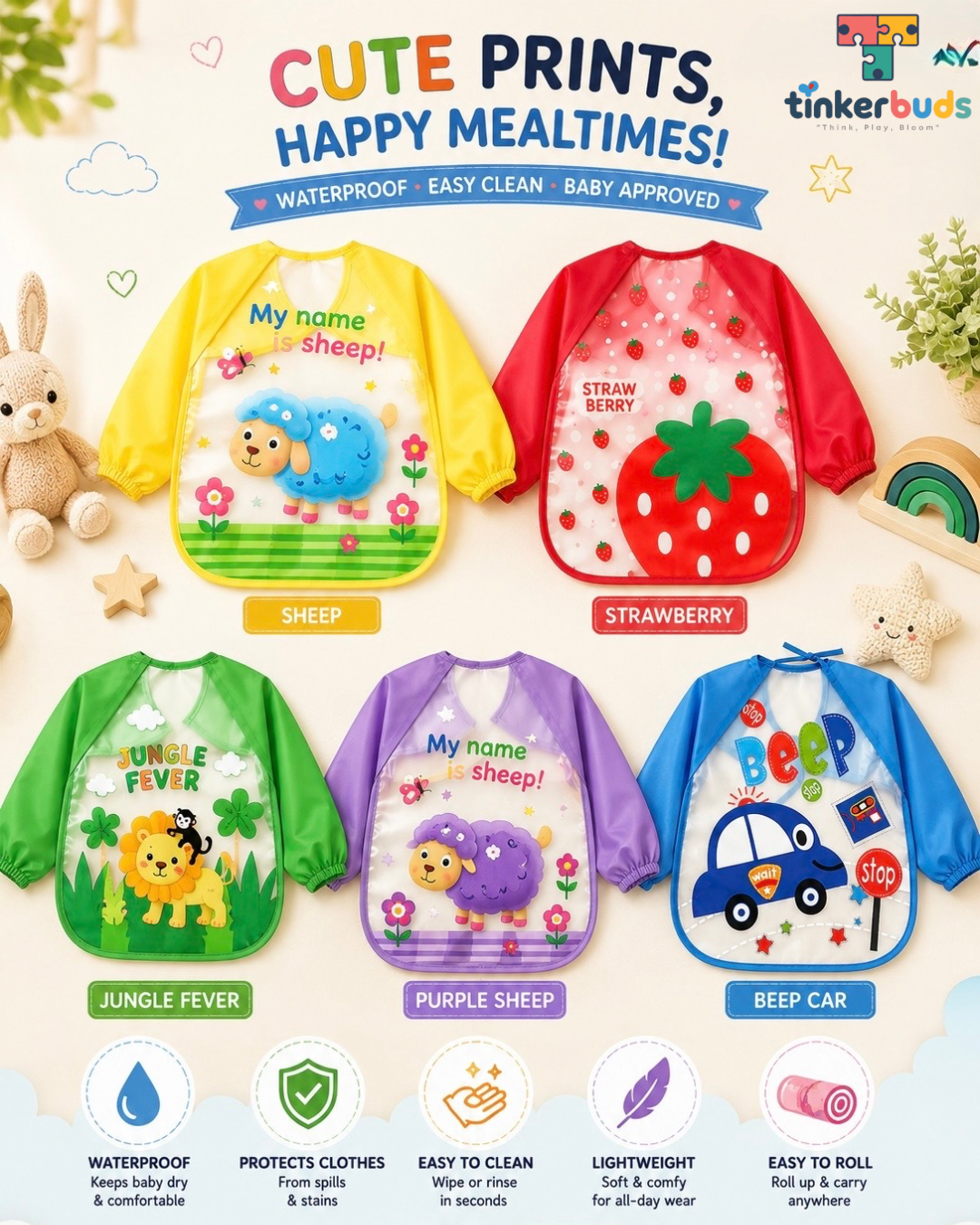 Tinkerbuds Kids Blue Waterproof Bib with Sleeves (0-4 years)