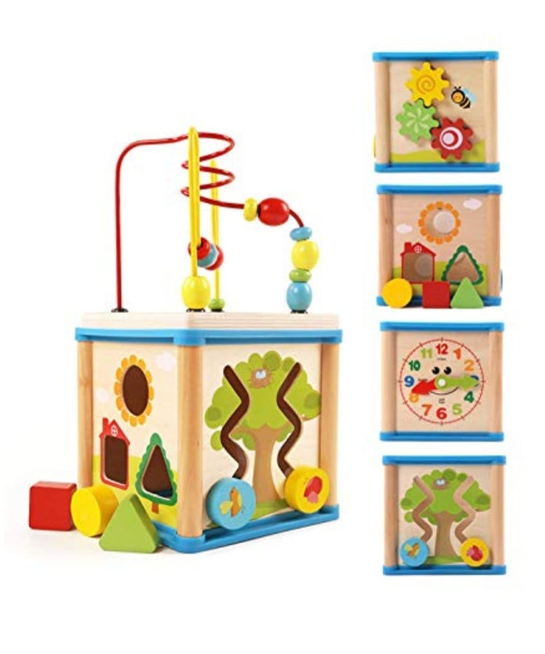 Tinkerbuds 5-in-1 Wooden Activity Cube | Bead Maze, Gears, Shapes & Counting