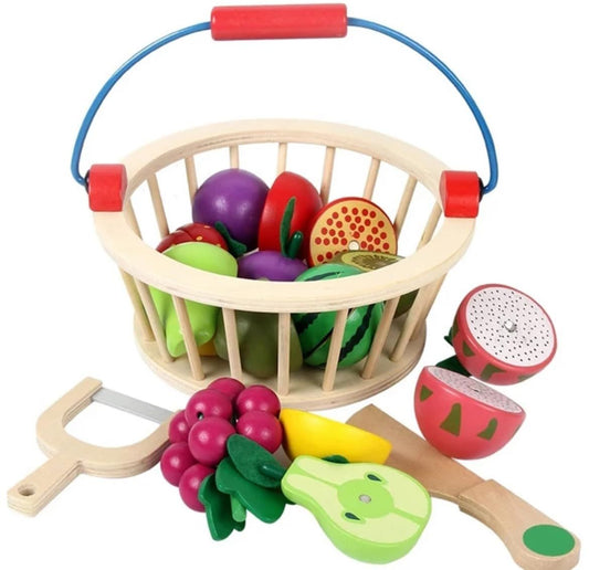 Tinkerbuds Wooden Fruit Basket Toy | Slice, Join & Pretend Play Learning Set