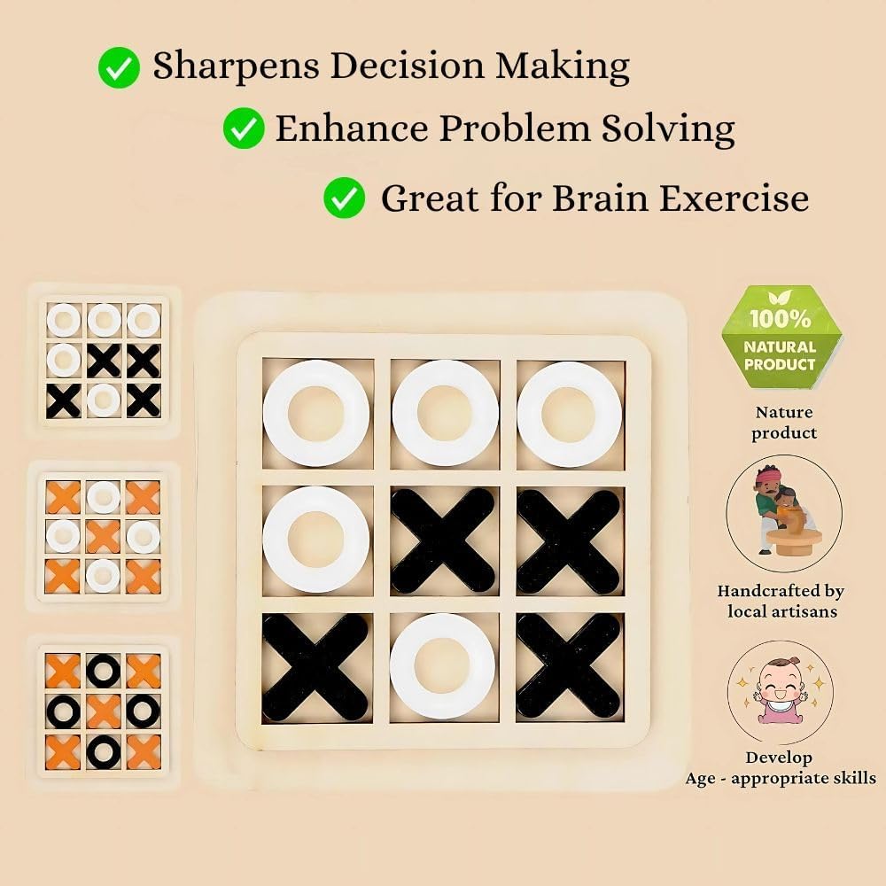Wooden Tic Tac Toe Puzzle Game | Brain-Boosting Strategy Toy for Children