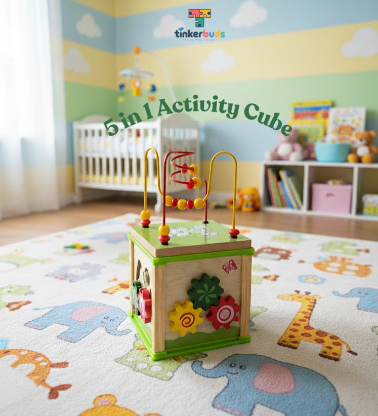 Tinkerbuds 5-in-1 Wooden Activity Cube | Bead Maze, Gears, Shapes & Counting