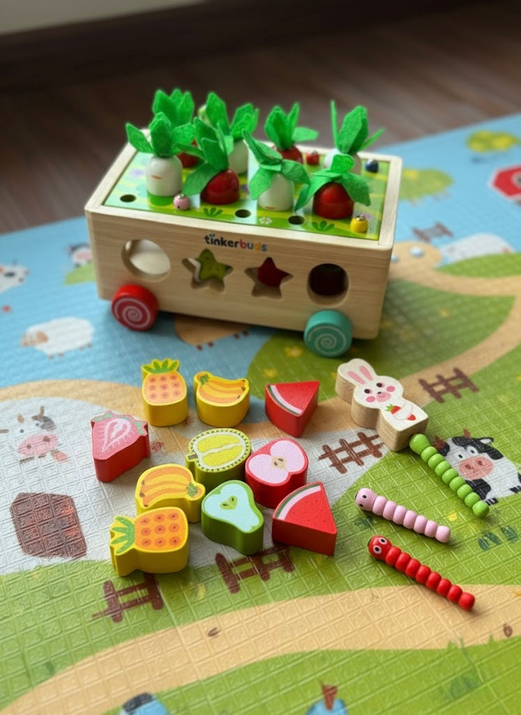 Wooden Carrot Harvest Cart Toy | Montessori Fine Motor & Pretend Play for Toddlers