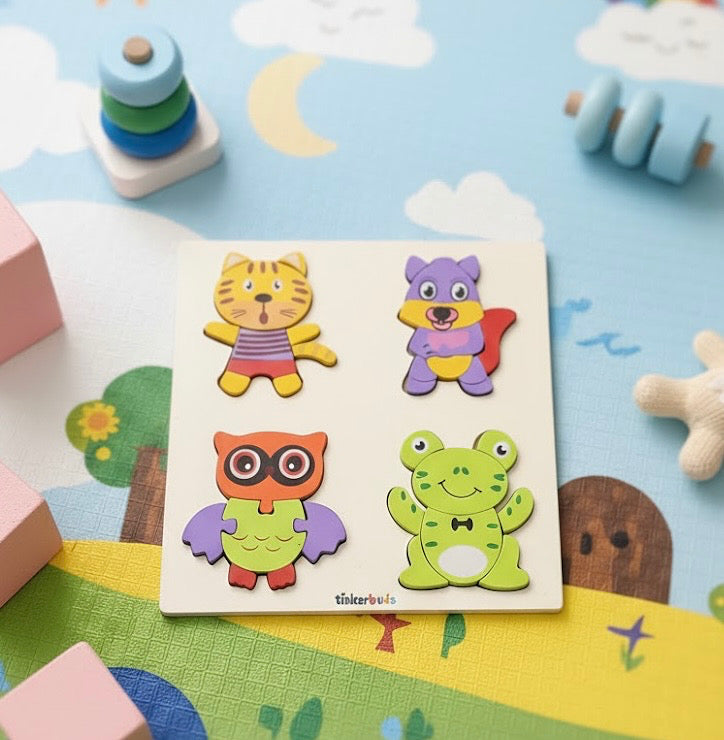 Wooden Animal Shapes Puzzle Board (4-in-1) | Toddler Learning & Motor Skills Toy