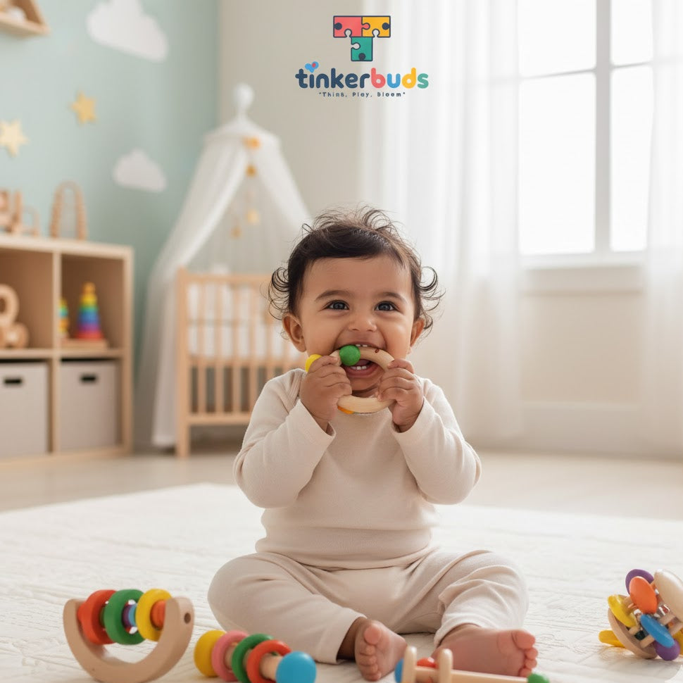 Tinkerbuds 4-in-1 Wooden Baby Rattle Set | Gentle Sound & Sensory Exploration Toys