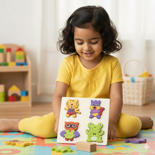 Wooden Animal Shapes Puzzle Board (4-in-1) | Toddler Learning & Motor Skills Toy