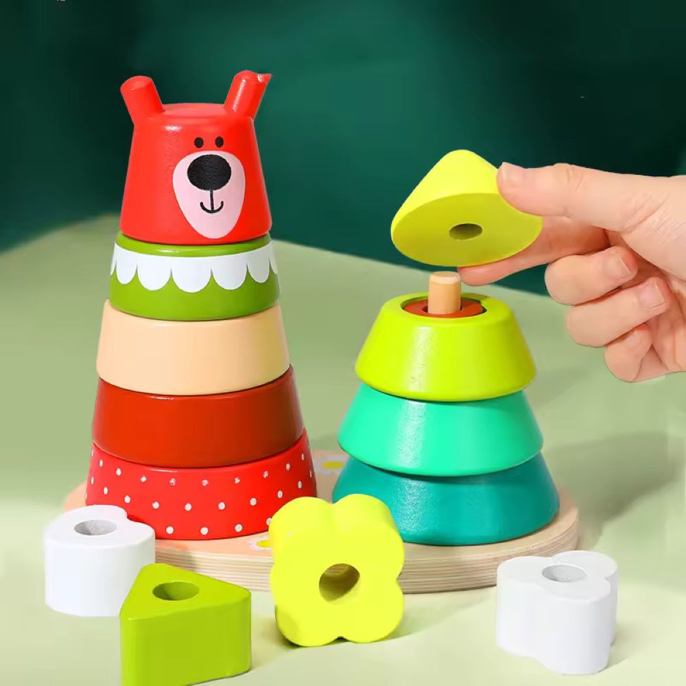 Tinkerbuds Wooden Bear Shape Stacker | Montessori Colour & Size Learning Toy for Toddlers