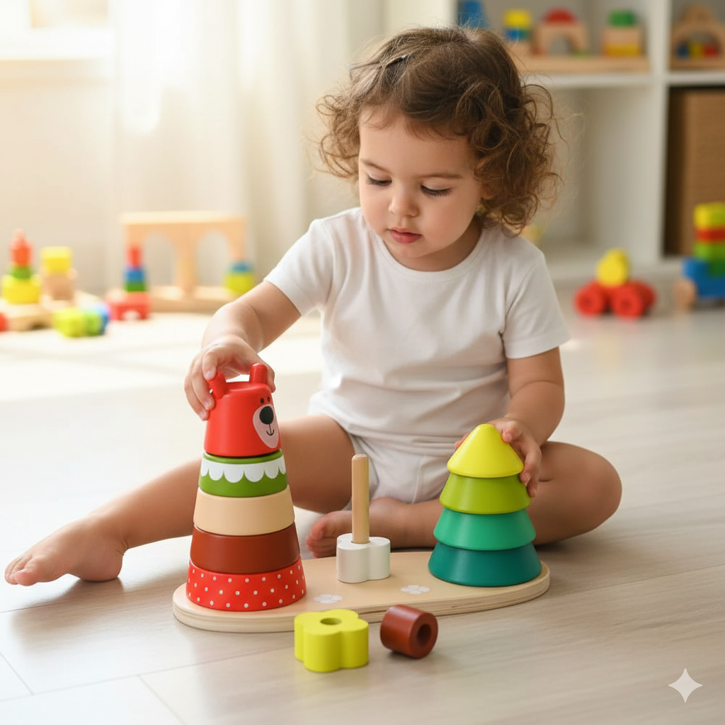 Tinkerbuds Wooden Bear Shape Stacker | Montessori Colour & Size Learning Toy for Toddlers