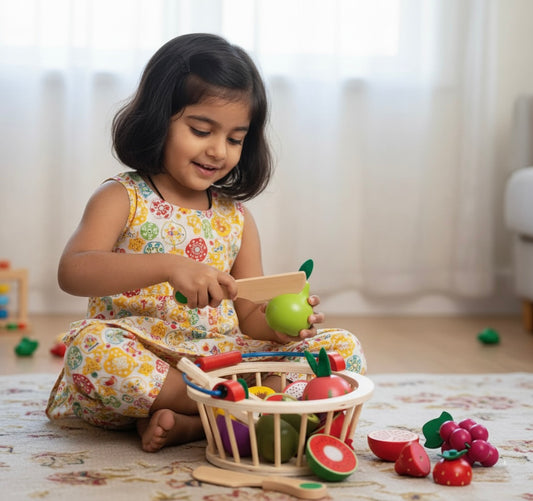 Tinkerbuds Wooden Fruit Basket Toy | Slice, Join & Pretend Play Learning Set